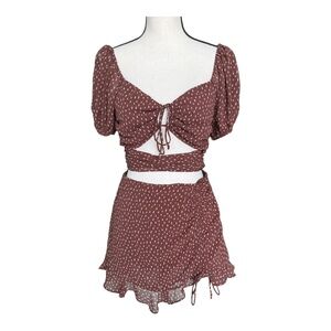 Cotton Candy LA Rust Patterned Boho Ruffle Puff Sleeve Skirt Set Womens Medium